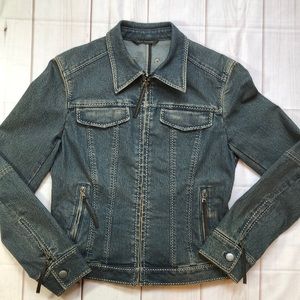 Vintage Elie Tahari Tapered Fitted Blue Denim Jacket Faux Leather Women's Small